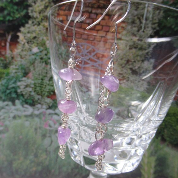 Rain Chain Amethyst Earrings, Pierced Dangle Earrings - Picture 3 of 6
